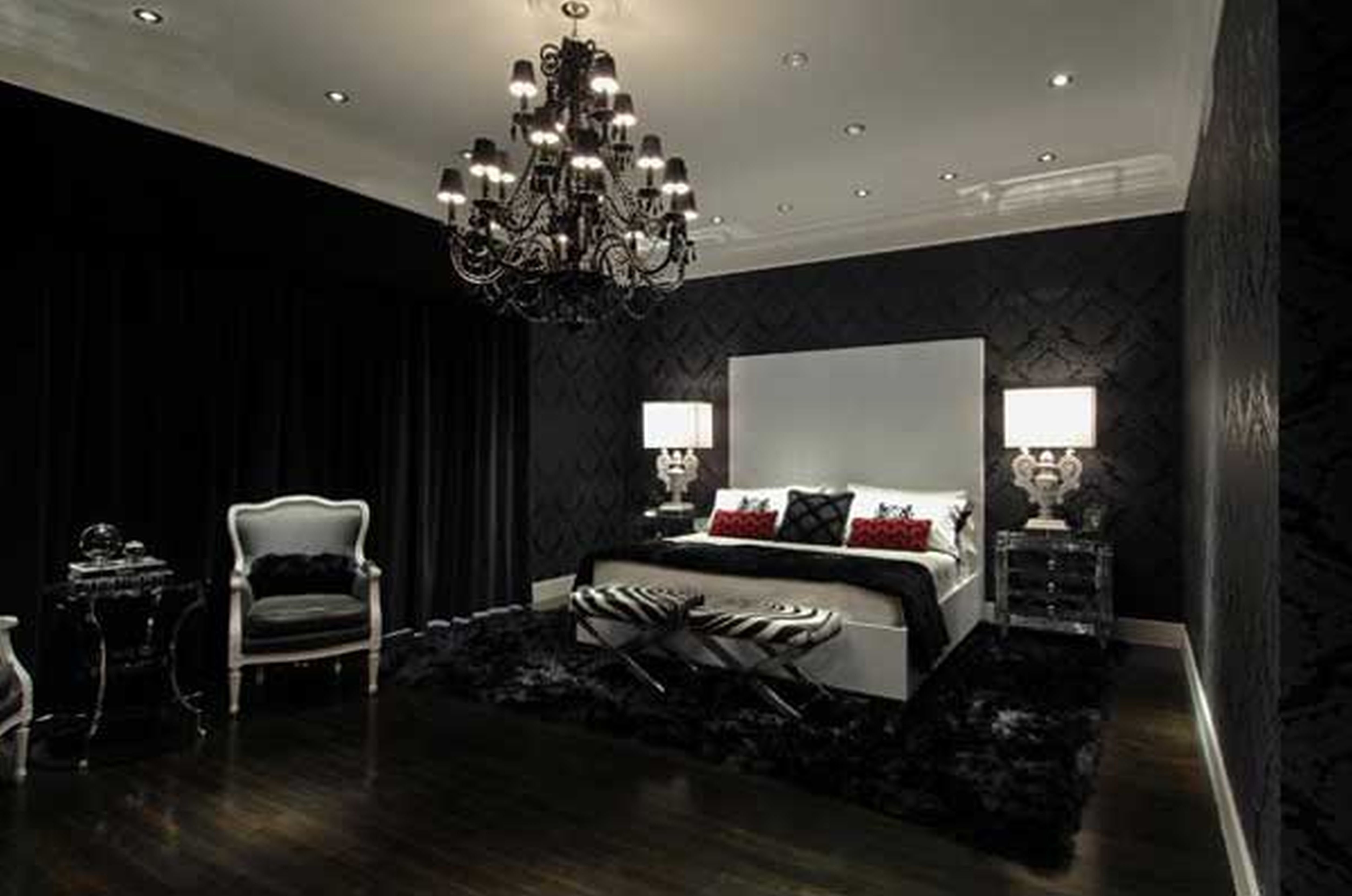 Темная красивая комната. Спальня в стиле тотал Блэк. Тотал Блэк интерьер. Черная стена в спальне. Черно белый интерьер комнаты.
