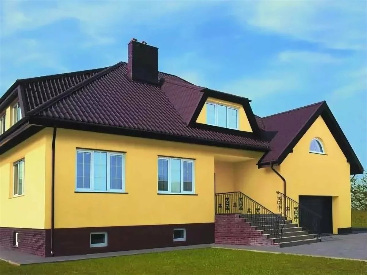 Горчичный дом. Желтый фасад. Расцветки фасадов домов. Цвета фасадов домов. Дом на крыше.