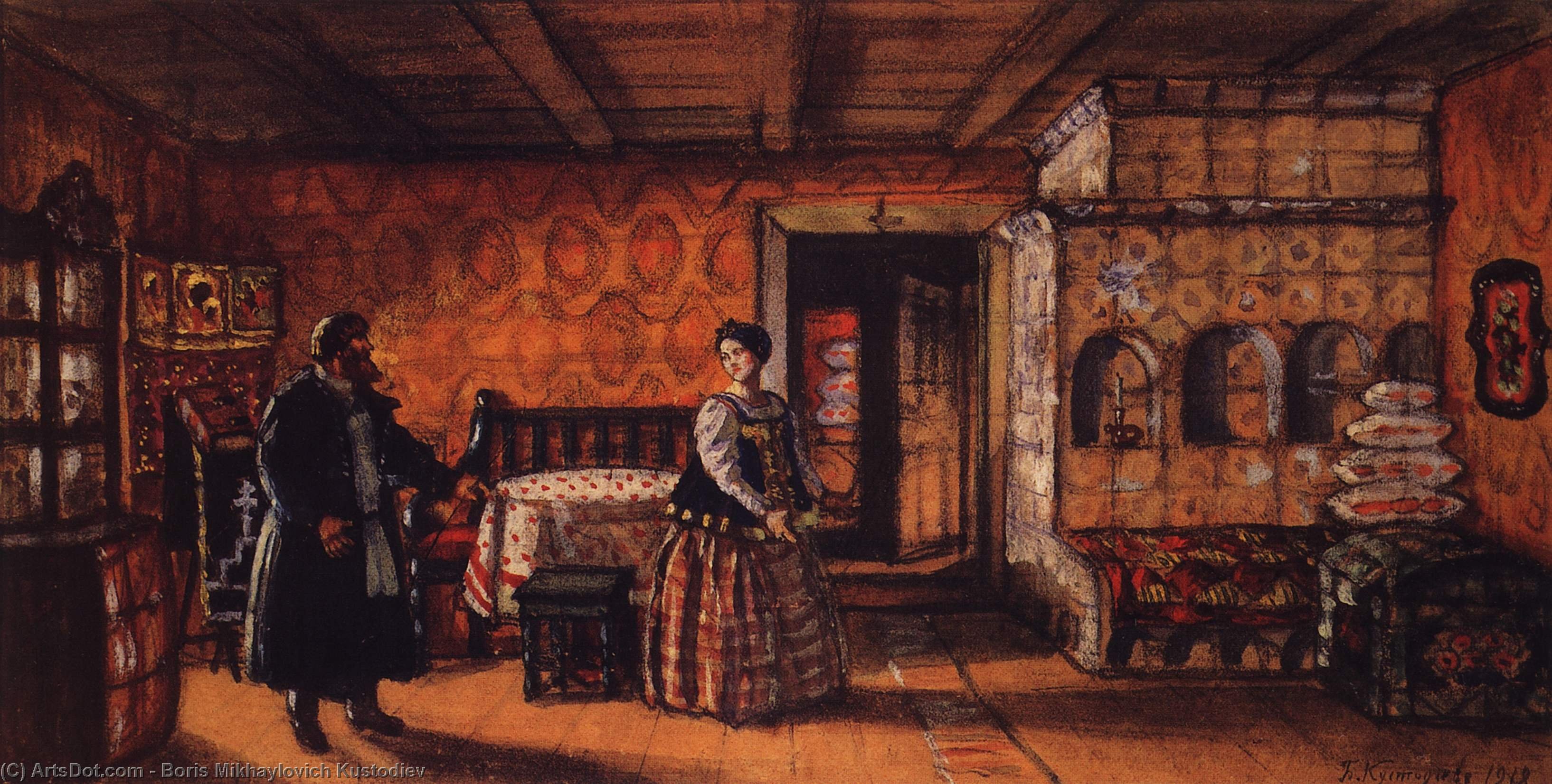 Купцы 18 века. Кустодиев комната в доме Прокофия Пазухина.