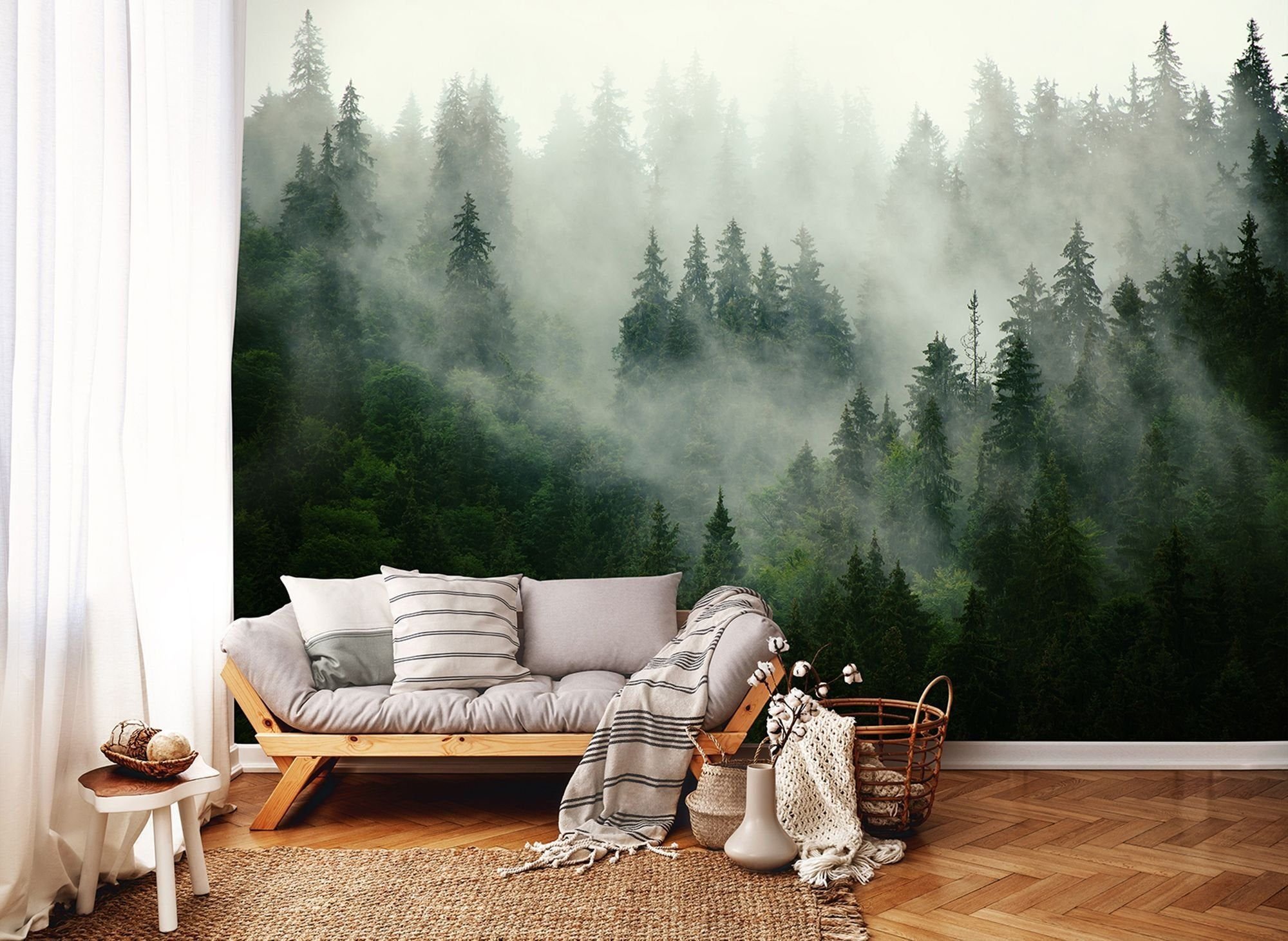 Обои на стену лес. Аффреско туманный лес. Фреска туманный лес Affresco. Affresco лес в тумане. Фреска Аффреско деревья в тумане.