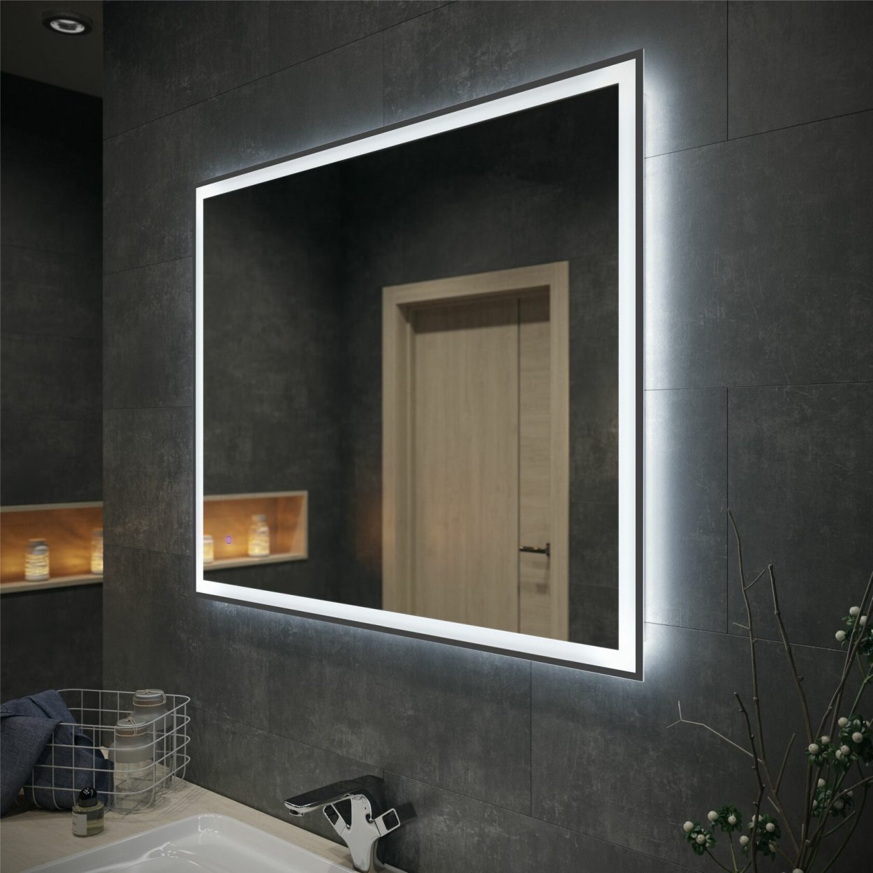 Квадратное зеркало в ванную с подсветкой